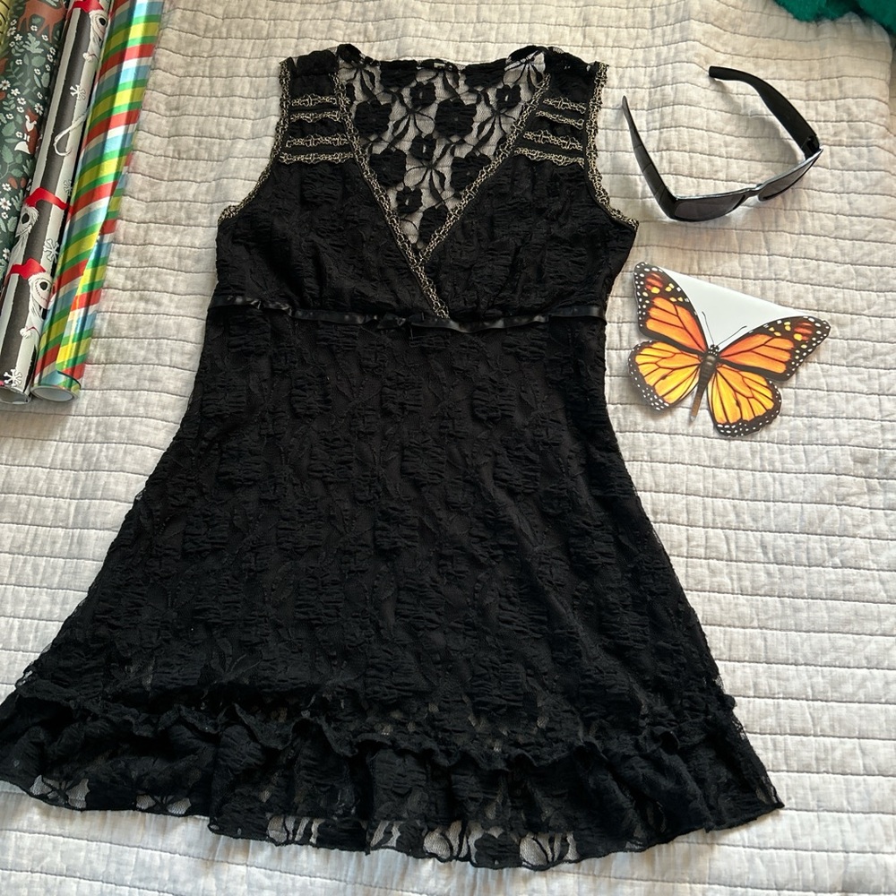Sexy Y2K sheer floral lace bow ribbon babydoll mini dress lingerie small